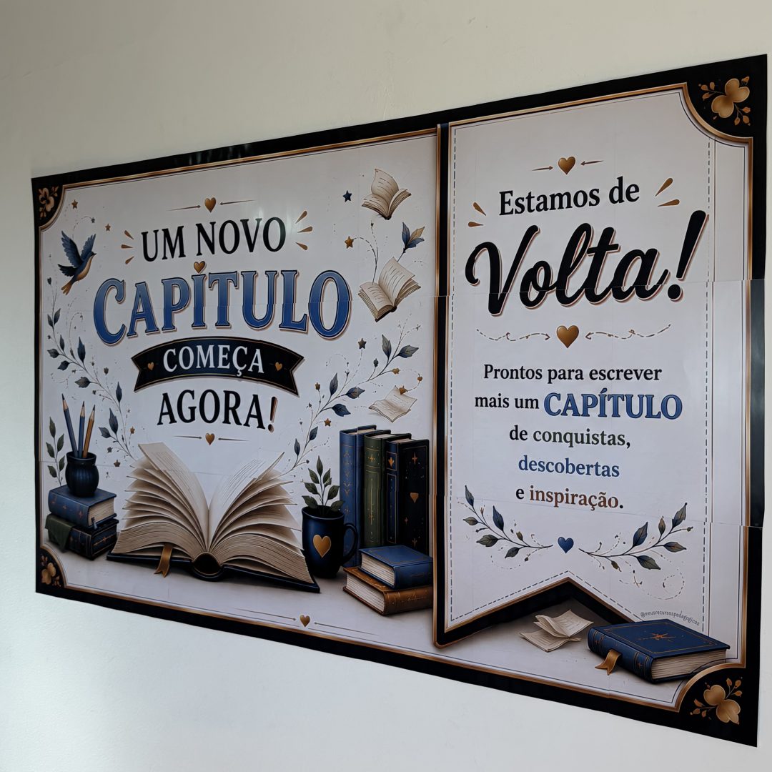 Kit mural e lembrancinhas “Novo Capítulo”